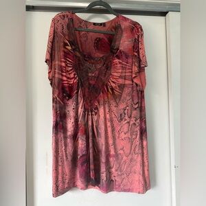 Apt. 9 Women's Coral-Pink Printed Short Sleeve Tunic with Lace Trim